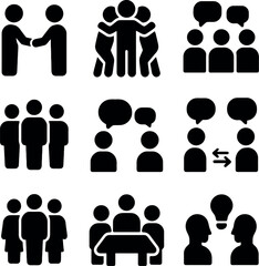 Silhouette icons of collaboration and teamwork with people in meetings, sharing ideas, and group
