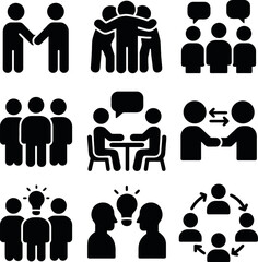 Black business icons of employees brainstorming, talking, exchanging ideas, and shaking hands.