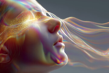 Ethereal portrait of a woman with flowing, colorful light trails and shimmering particles, capturing a dreamlike essence and conveying a sense of tranquility and wonder in a surreal atmosphere