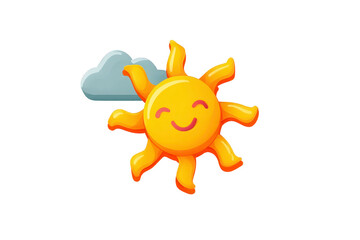 Cheerful sun with smiling face and wavy rays is accompanied by small cloud, creating playful and bright illustration