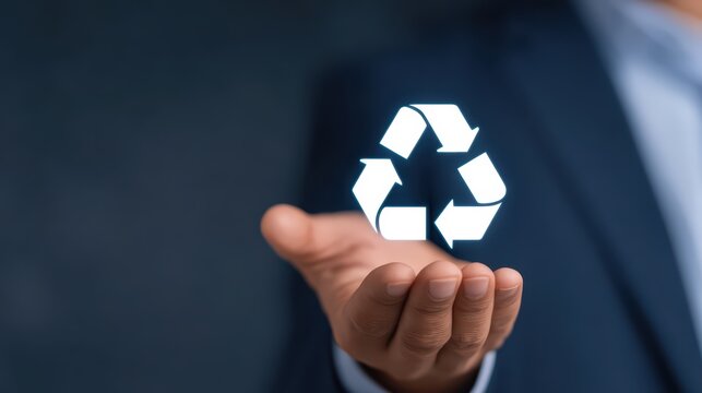 Business professional holds holographic recycle symbol symbolizing sustainability and eco-friendly practices in corporate environment