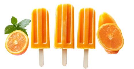 Refreshing Orange Popsicle Ice Cream Isolated on Transparent Background for Summer Treats and Desserts, orange ice pops, fresh orange slices, vibrant citrus, cool summer refreshment, fruit popsicle.