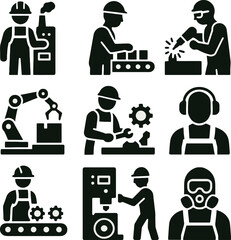 Black icons of workers in industrial environments using tools, welding, assembling, and wearing safety gear.