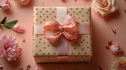 Pink gift box with pink ribbon and bow on a festive background