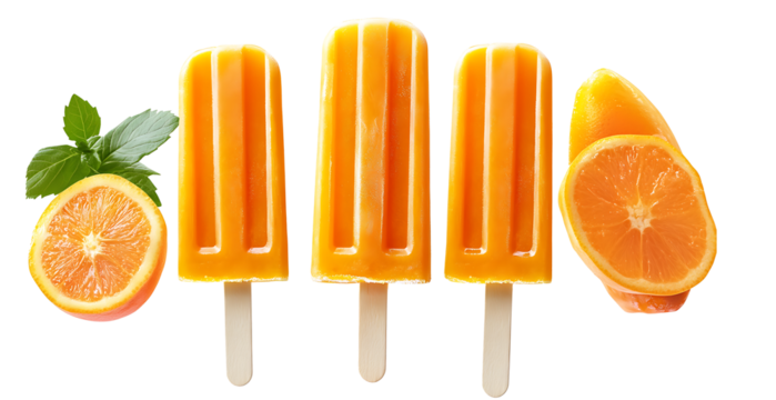 Refreshing Orange Popsicle Ice Cream Isolated on Transparent Background for Summer Treats and Desserts, orange ice pops, fresh orange slices, vibrant citrus, cool summer refreshment, fruit popsicle. - Powered by Adobe