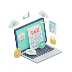 3D illustration of a laptop with a tax document on the screen, surrounded by digital icons like cloud upload, representing online tax filing and security. PNG transparent background.