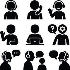 Pictogram icons of online support: agents with headset, question icon, conversation, reply, and help service.