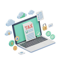 3D illustration of a laptop with a tax document on the screen, surrounded by digital icons like cloud upload, representing online tax filing and security. PNG transparent background.