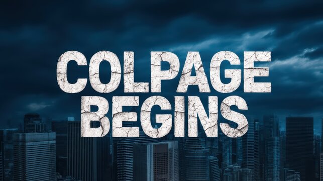 Dark Urban Landscape with Dramatic Cloudy Sky and Bold Text Saying Collapse Begins
