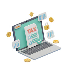 3D illustration of a laptop with a tax document on the screen, surrounded by digital icons like cloud upload, representing online tax filing and security. PNG transparent background.