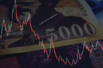 Hungarian forint with stock market chart overlay
