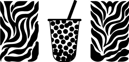 Creative bubble tea cup design with tapioca pearls and straw for beverage art concept