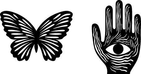 Minimalist black and white design with butterfly and hand holding eye for art decor