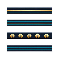 Four decorative black bars with gold and blue accents, featuring floral designs on one bar, create elegant and stylish appearance. These elements can be used for design or decoration purposes