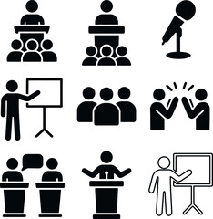 Icons of public speaking: podium, crowd, presentation, microphone, debate, and audience feedback.