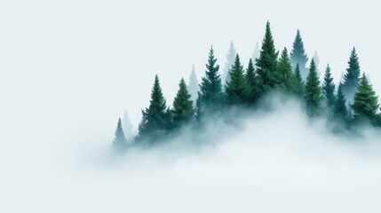 Obraz premium Misty Forest Landscape with Evergreen Trees in Soft Fog on a Calm Morning