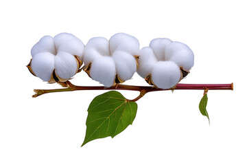 Three fluffy white cotton bolls on branch with green leaves, isolated on transparency background, showcasing natural texture and organic beauty