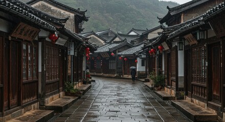 Obraz premium Rainy Chinese Streetscape with Person