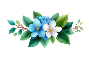 Beautiful floral arrangement featuring blue and white flowers with lush green leaves, creating elegant and serene design. Perfect for decorative purposes or nature themed projects