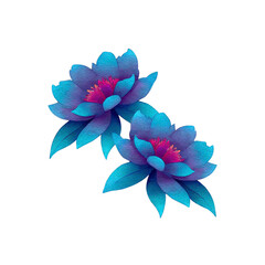 Two vibrant blue lotus flowers with pink centers are depicted in digital illustration, showcasing their delicate petals and serene beauty. artwork captures essence of tranquility and elegance