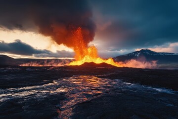 Fototapeta premium Powerful volcanic eruption at dusk in Iceland creates a dramatic landscape of fire and smoke, Scenic powerful volcanic eruption at dusk Iceland