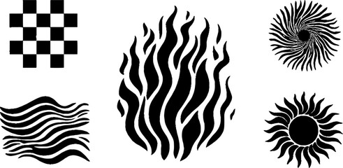 Fototapeta premium Abstract checker tile, rosette, and stylized flame design for decorative art