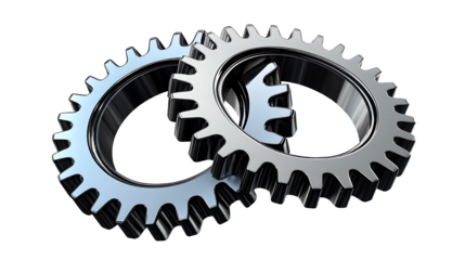 Isolated tow metal gears and cogwheels on a white background, representing industrial machinery and mechanical engineering concepts