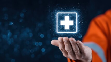 Hand Holding a Glowing Health Cross Symbol Against a Dark Background for Medical and Healthcare Concepts
