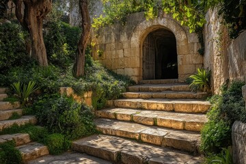 Exploring the Garden Tomb in Jerusalem surrounded by lush greenery and ancient stone pathways, Garden Tomb, Jerusalem