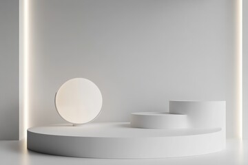 Fototapeta premium Stylish white podium with round lamp perfect for showcasing products in a minimalist setting, white podium with round lamp for display product