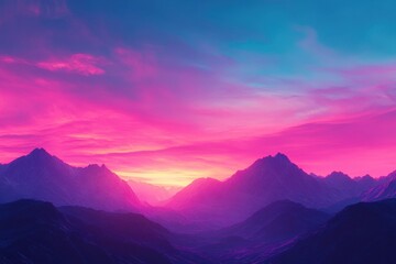 Fototapeta premium Vibrant neon sunset illuminates mountain landscape creating a breathtaking view, Stunning neon colored sunset sky with mountains in the background
