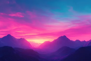 Selbstklebende Fototapeten Vibrant neon sunset illuminates mountain landscape creating a breathtaking view, Stunning neon colored sunset sky with mountains in the background © Iftikhar alam