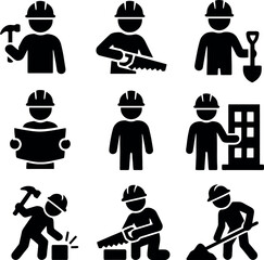 Black icons of construction workers using tools, reading plans and working at building sites.