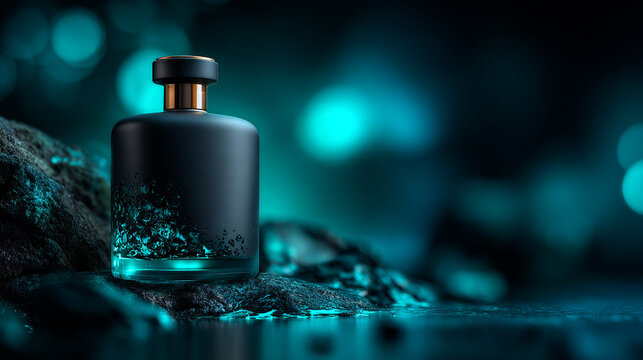 Dark perfume bottle on rock with turquoise bokeh background.