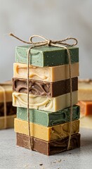 Handmade soap bars tied with twine, displaying a variety of colors.