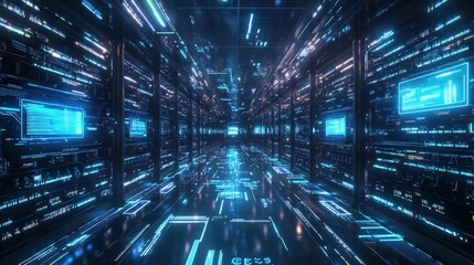 Fototapeta premium Futuristic Data Center Interior Depicts Massive Servers With Glowing Displays