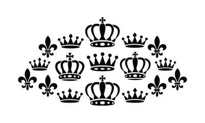 Fototapeta premium Vector illustration featuring an elegant collection of black royal crowns and fleur-de-lis symbols, Incorporate various symmetrical and asymmetrical crown designs, easily editable and scalable.