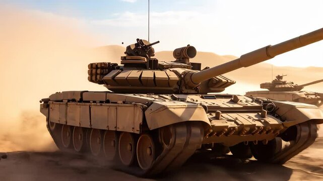Powerful tanks rumble across arid terrain Dust clouds rise creating atmosphere The metal machines convey strength and purpose in a vast desert landscape under bright sunlight