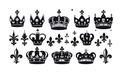 Vector illustration featuring an elegant collection of black royal crowns and fleur-de-lis symbols, Incorporate various symmetrical and asymmetrical crown designs, easily editable and scalable.