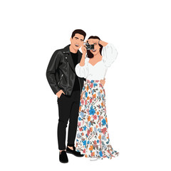 Flat Style Couple Portrait Holding Camera Happy Moment Illustration