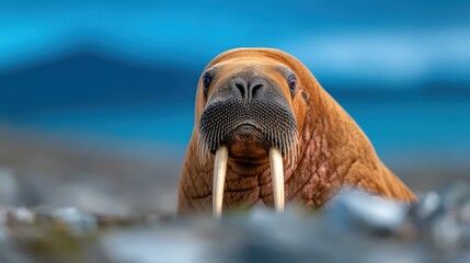 Majestic walrus emerging from rocky shore with striking tusks against a serene blue ocean backdrop