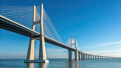 Obraz premium Modern Suspension Bridge with Sleek White Architecture and Blue Sky