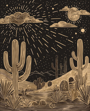 Desert Night Scene: A detailed and stylized illustration of a desert night landscape, featuring cacti, stars, moon, and clouds. Evoking a sense of serene mystery under the starry sky.