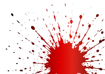 Red paint splatter on a white background, creating a dramatic burst effect with various splashes radiating outward.