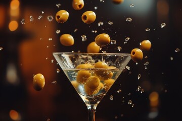 Olives splash into a stylish Martini glass creating a lively atmosphere, Olives falling into a Martini glass