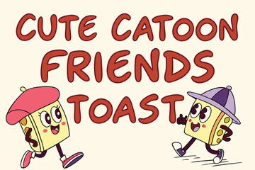 Cute cartoon toast friends in retro 80s neon style