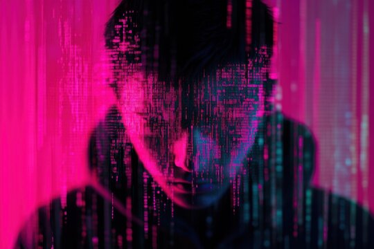 Glitch effect silhouette of a person immersed in digital data with vibrant colors at night, Internet text with glitch effect - Powered by Adobe