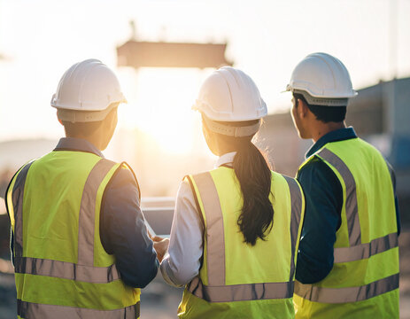 Three Construction Workers Yellow Vests White Hard Hats Sunset