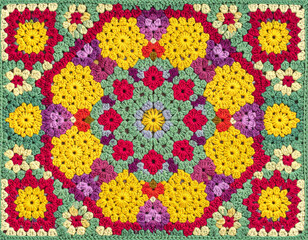 heirloom crochet; vibrant granny square blanket with retro hues