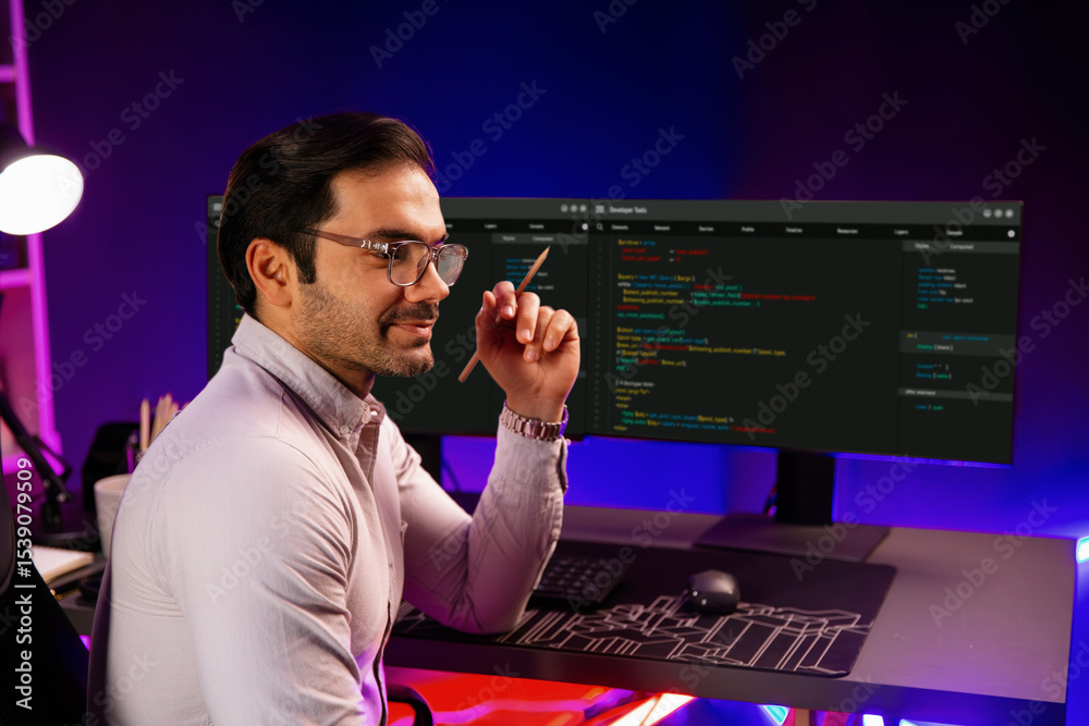 Poster smart it developer holding pencil with software development coding on pc screen pose on camera looki